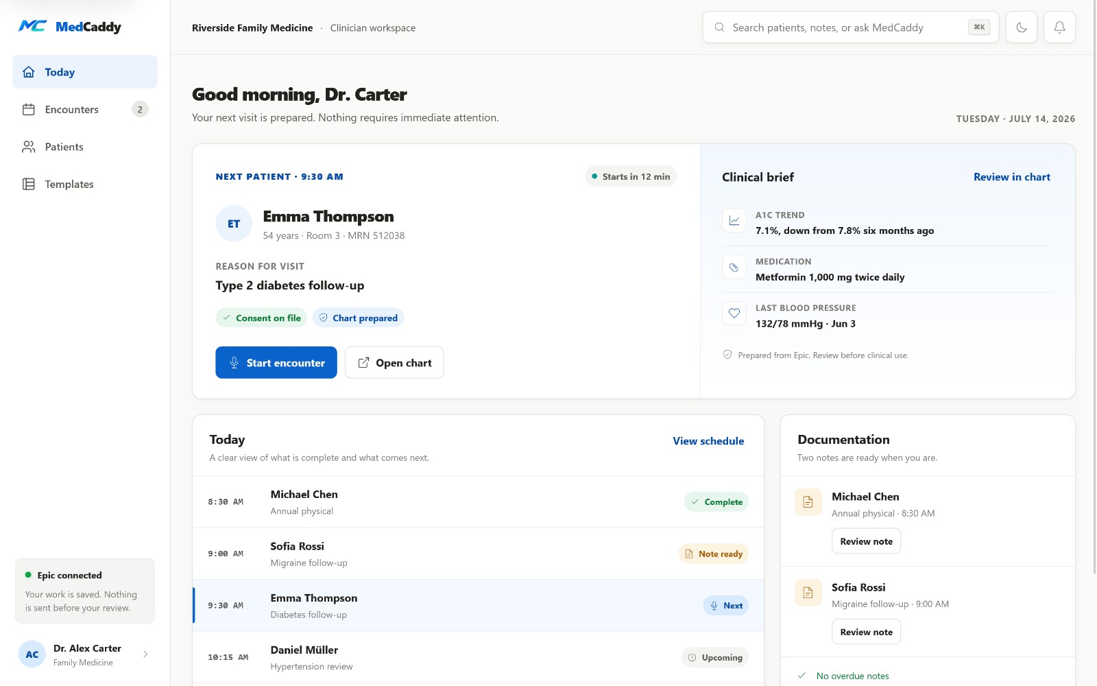 MedCaddy clinician dashboard — today's encounters, clinical brief, and documentation queue